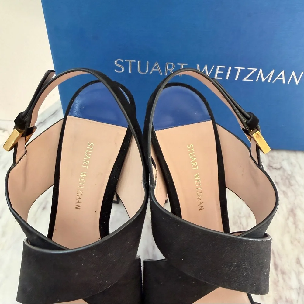 🖤 Stuart Weitzman Hester Strappy Black Suede Platform Stiletto Heels 6.5